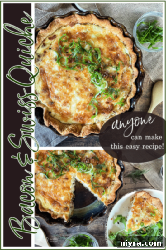 A delicious Bacon & Swiss Quiche with a 'Love it? Pin it!!' overlay for Pinterest.