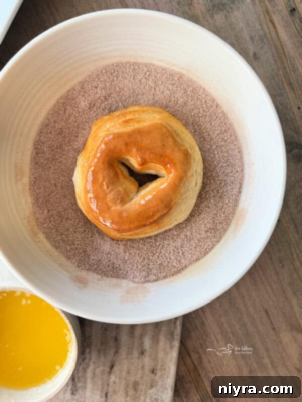 Cooked air fryer biscuit donuts in the basket, golden and fluffy