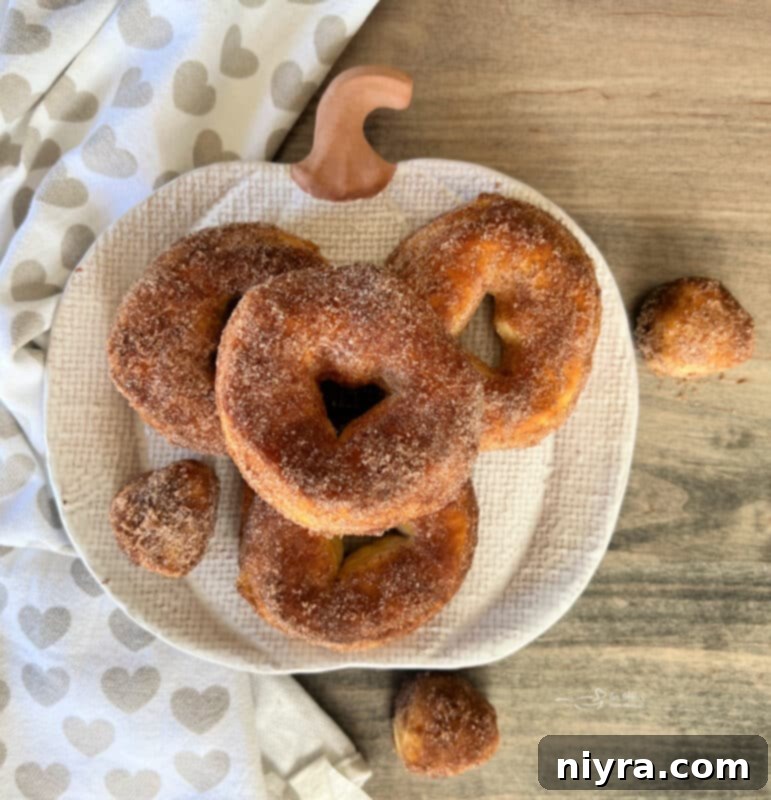 Close-up of a Pumpkin Spice Air Fryer Biscuit Donut with a bite taken out, showing its fluffy interior