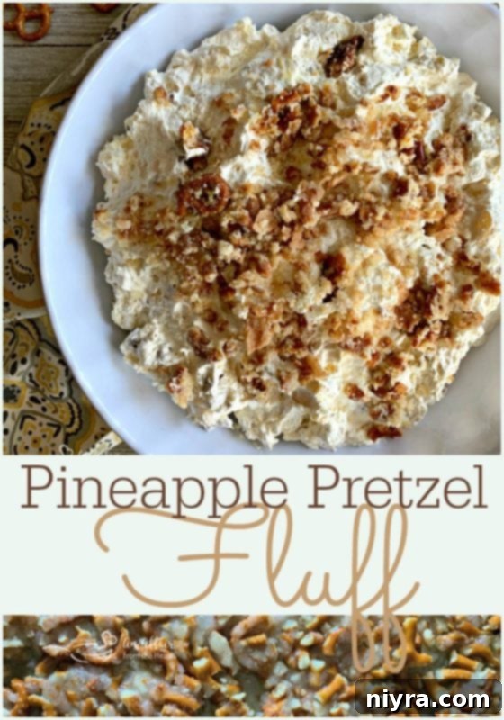 Crunchy Creamy Pineapple Cloud 7 A serving of Pineapple Pretzel Fluff in a glass bowl, ready to be enjoyed.