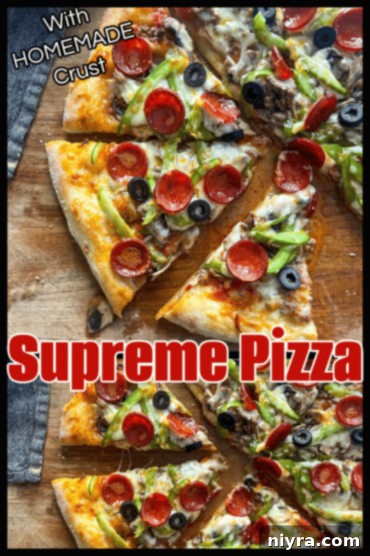 A whole supreme pizza, perfectly baked and sliced, ready to be served.
