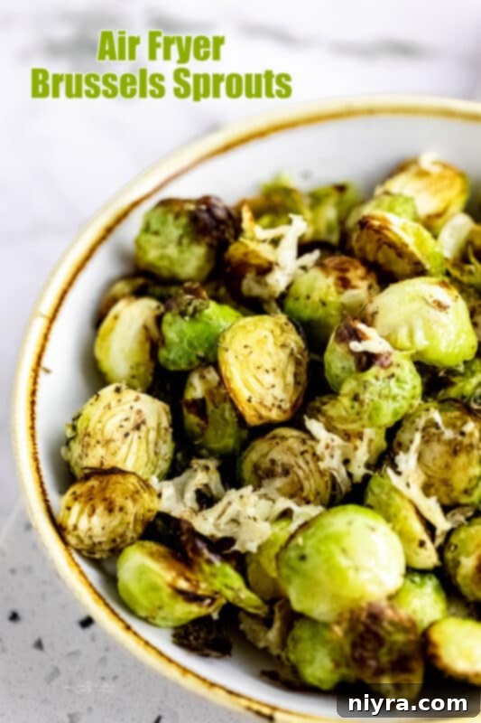 A small portion of Air Fryer Brussels Sprouts with parmesan, beautifully plated with garnishes, ready to be served.