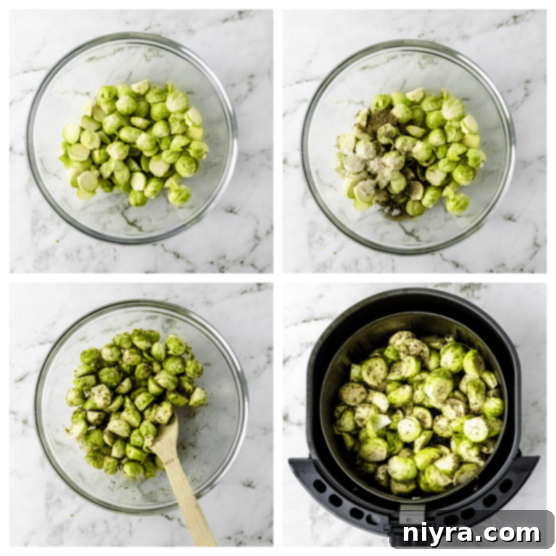 Step-by-step image of air frying Brussels sprouts: seasoning, placing in air fryer, and cooking.