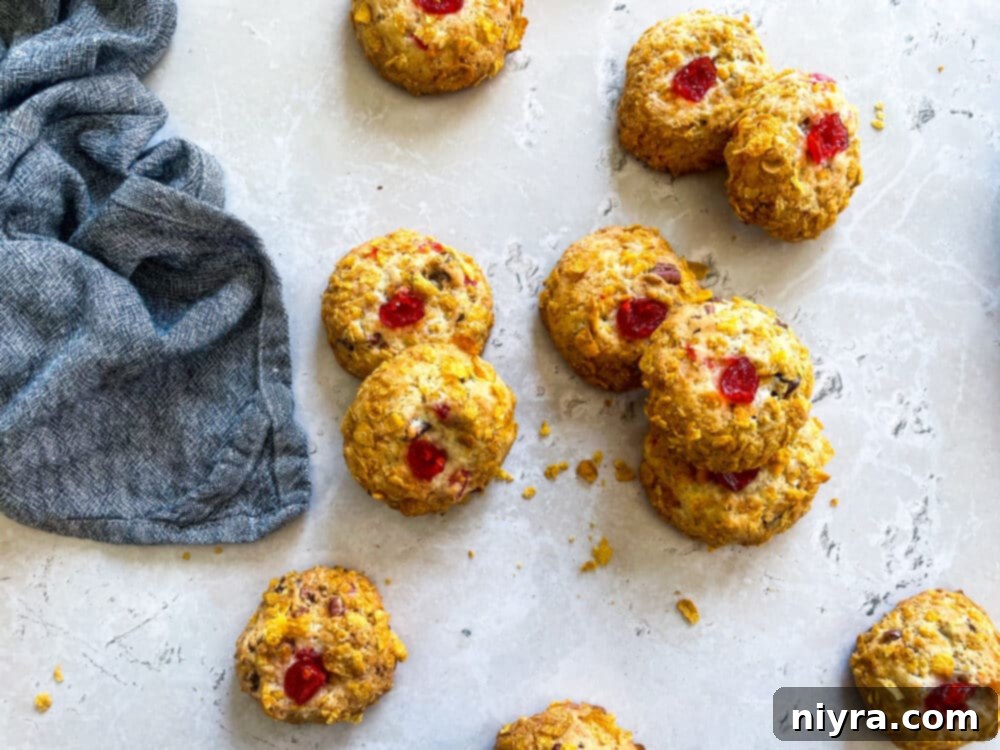A large batch of Cherry Wink Cookies spread out on a cooling rack.