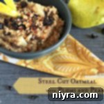 Harvest Plum and Pear Steel Cut Oatmeal 7 Oats in a blue bowl with text "Steel Cut Oatmeal with Plum and Pears"