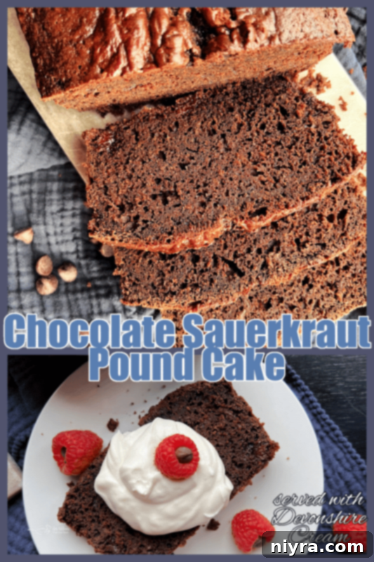 A slice of Chocolate Sauerkraut Pound Cake with a small fork on a plate, ready to be eaten