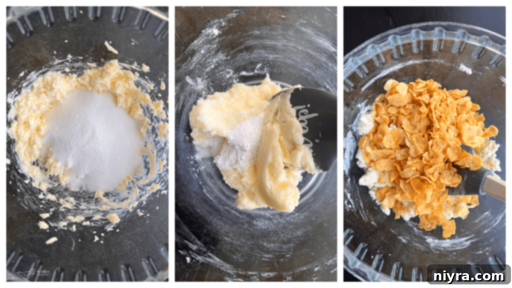 Creaming butter and sugar in a glass bowl for cornflake cookies