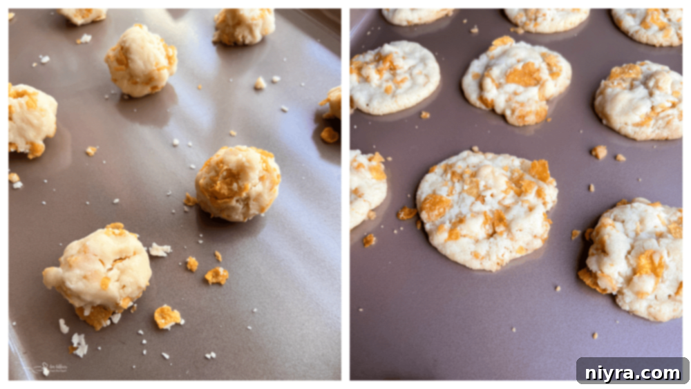 Cookie dough with cornflakes being folded in a glass bowl