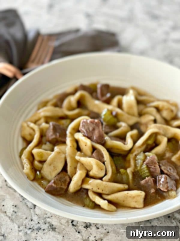 Beef & Noodles in a white bowl, a comforting classic meal