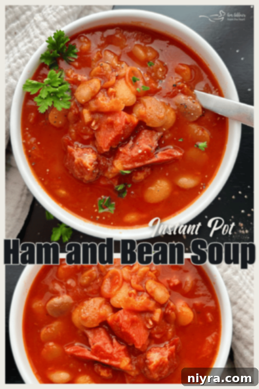 Grandmas Hearty Instant Pot Ham and Bean Soup 14 Pinterest image for Instant Pot Ham and Bean Soup, showing a bowl of soup next to the pressure cooker