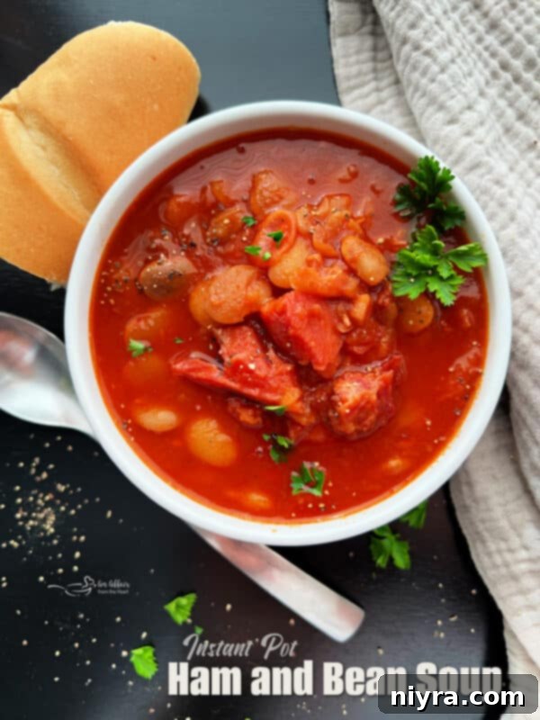 Grandmas Hearty Instant Pot Ham and Bean Soup 18 Instant Pot Ham and Bean Soup in a white bowl, close up, ready to be eaten