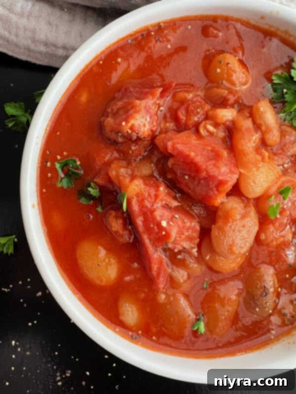 Grandmas Hearty Instant Pot Ham and Bean Soup 3 Instant Pot Ham and Bean Soup in a white bowl, with a spoon revealing its rich texture