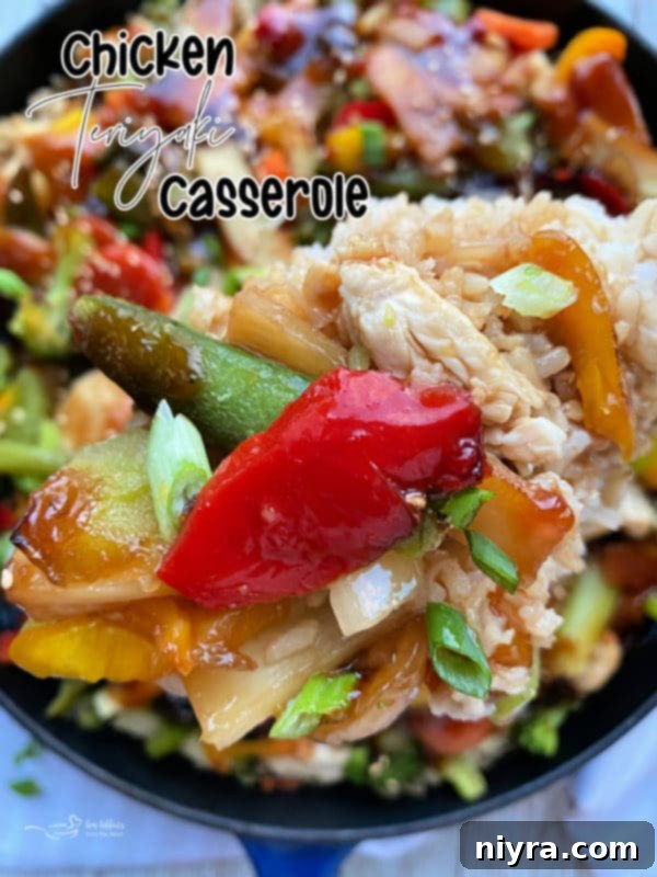 A full skillet of Teriyaki Chicken Casserole, ready to be served