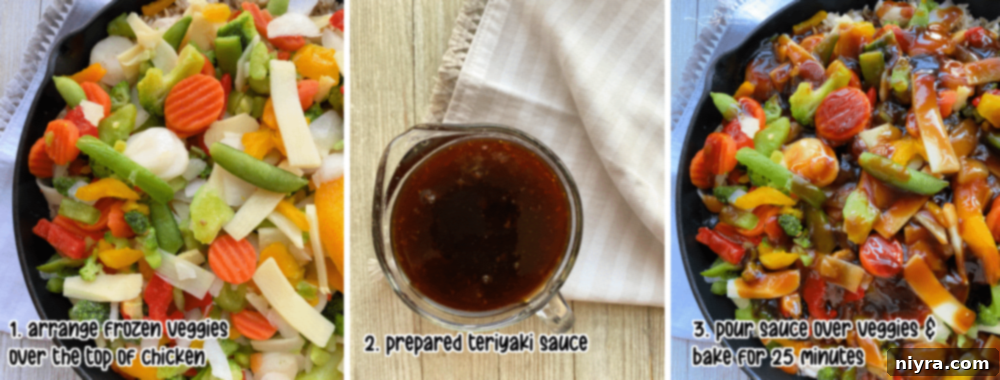 Layering cooked rice, chicken, and frozen vegetables in a skillet before adding sauce