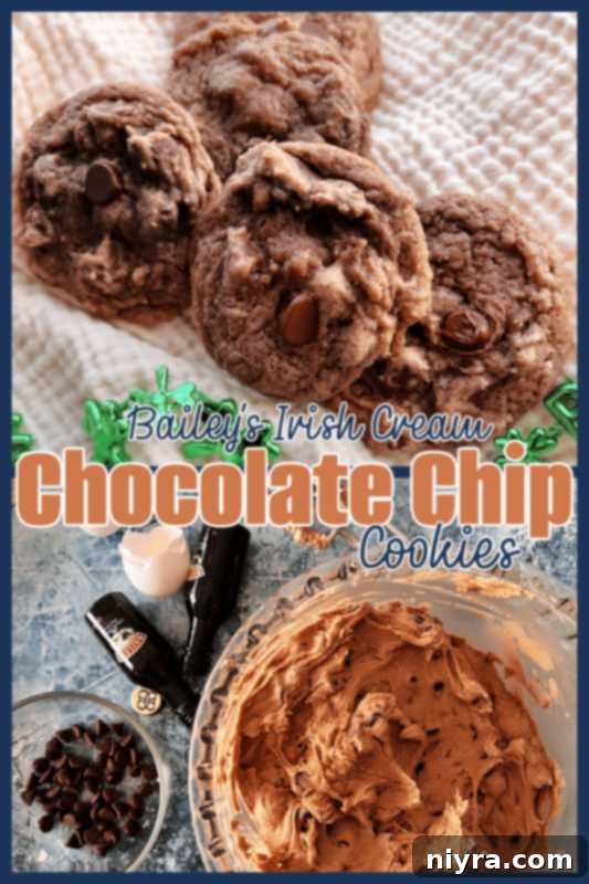 Bailey's Chocolate Chip Cookies on a cooling rack with text overlay