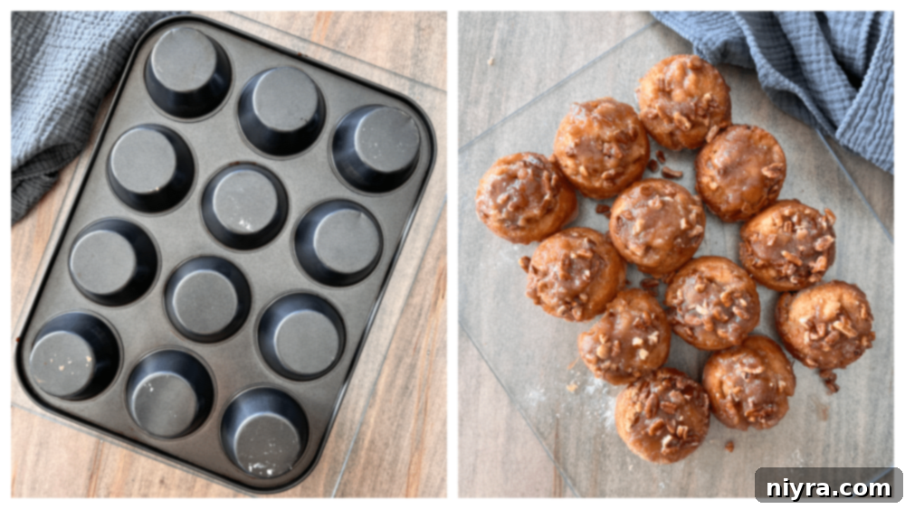 Baked banana pecan rolls in a muffin tin, golden brown
