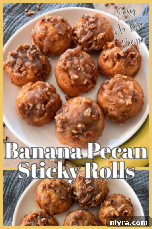 A warm Banana Pecan Sticky Roll on a plate with fresh bananas in the background