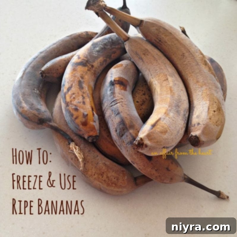 Frozen Ripe Bananas with text "how to: freeze & use ripe bananas"