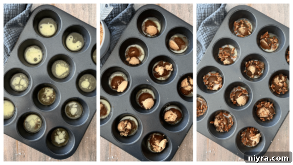 Step-by-step image of brown sugar and pecans being mixed in a bowl for the Banana Pecan Rolls