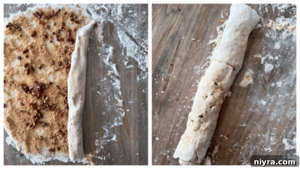 Dough sprinkled with brown sugar and pecans on a lightly floured surface