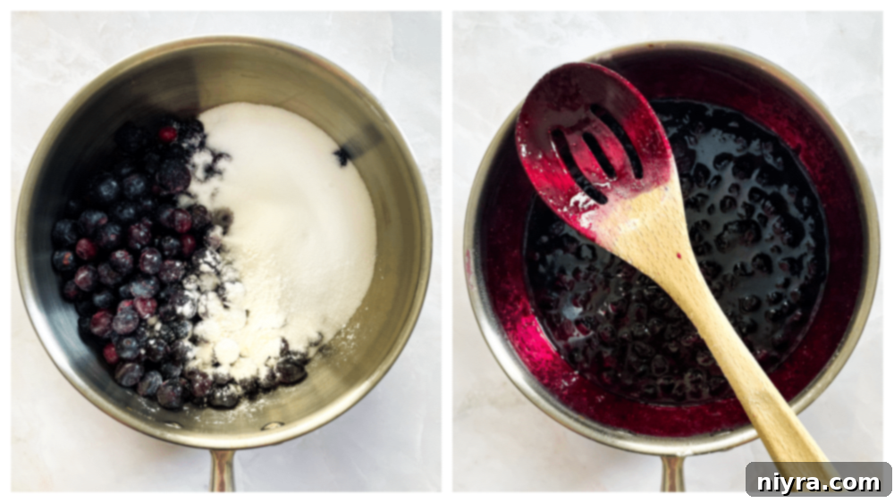 Blueberry filling simmering in a saucepan.