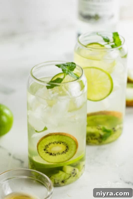 Refreshing Kiwi Mojito 2 Kiwi Mojito in a tall glass with fresh kiwi and mint garnish