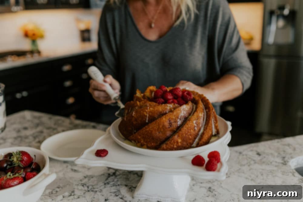 Another professional shot of a baker presenting the Lemon Raspberry Bundt Cake