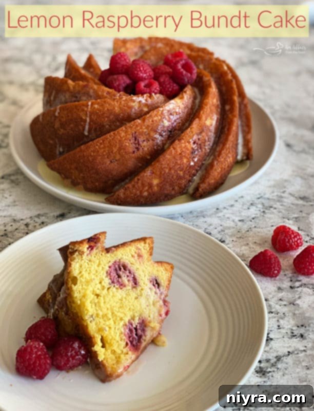 A vibrant Lemon Raspberry Bundt Cake topped with fresh berries