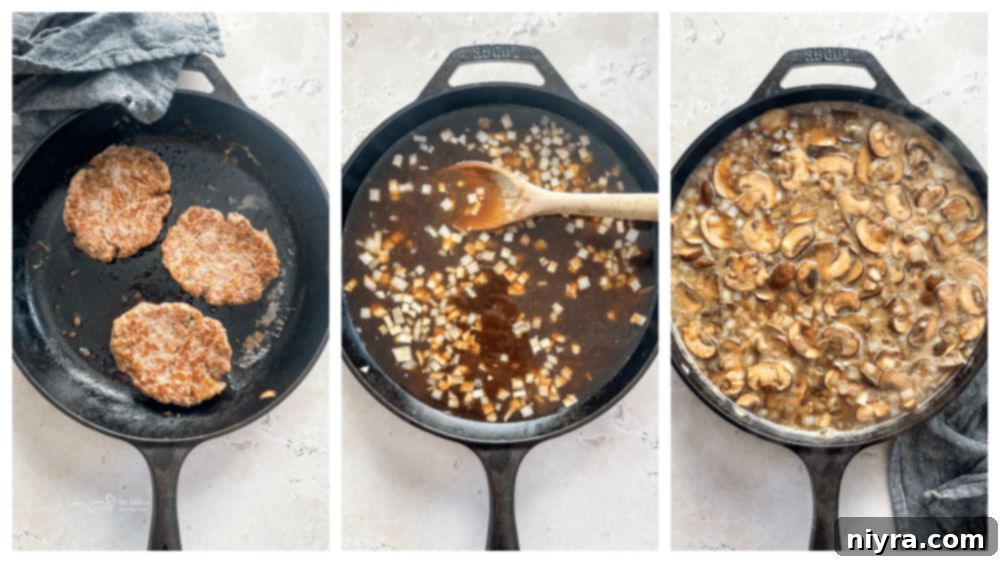 Mushroom Smothered Salisbury Steak 11 Browning Salisbury Steak Patties in a Skillet