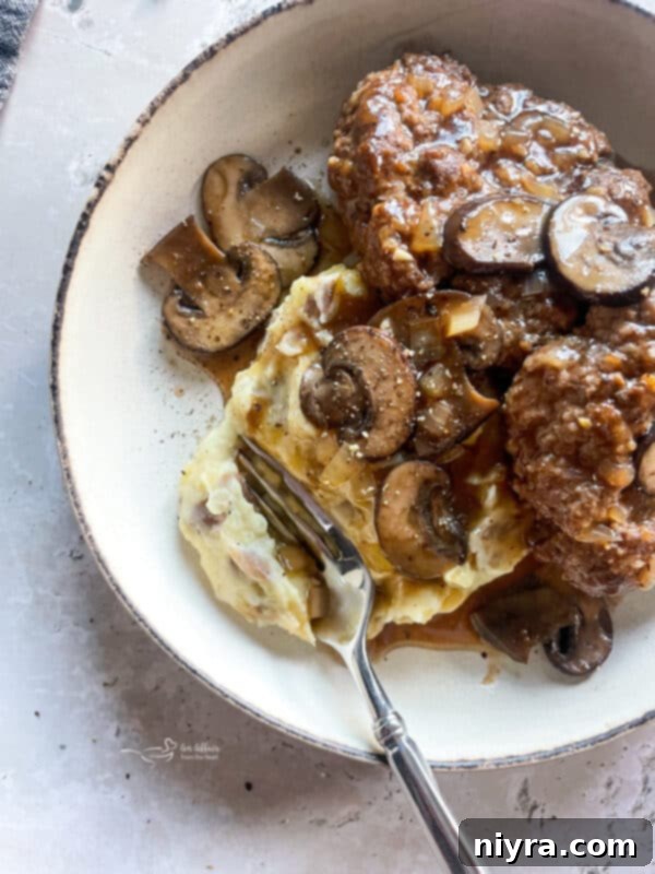 Mushroom Smothered Salisbury Steak 13 Finished Salisbury Steak with Mushroom Gravy