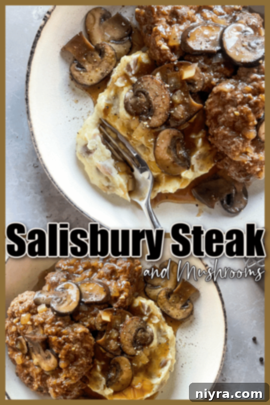 Mushroom Smothered Salisbury Steak 15 Salisbury Steak with Mushrooms and Gravy on a plate