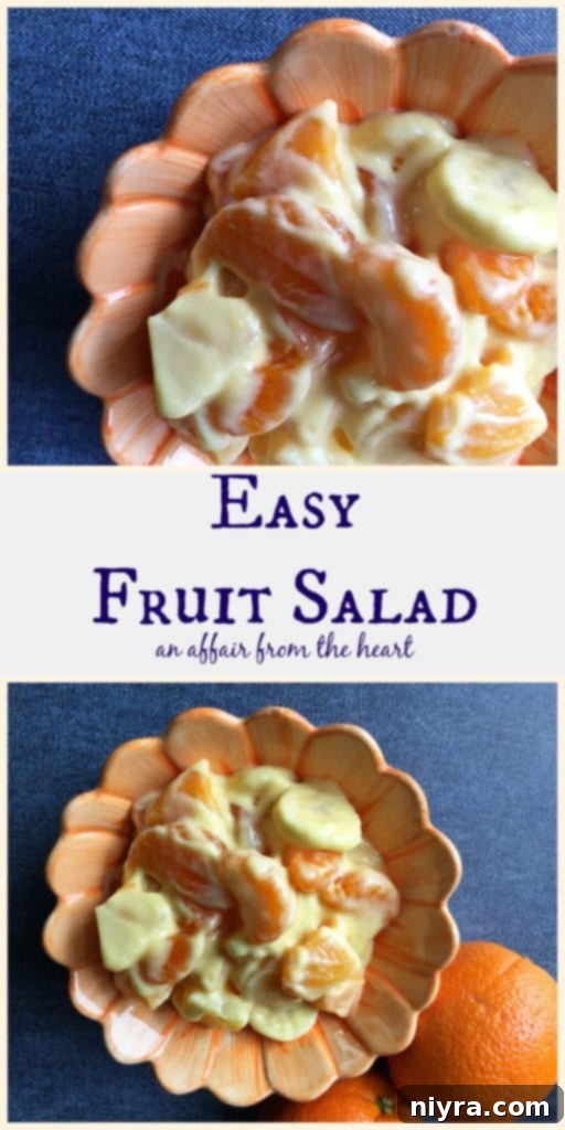 easy fruit salad in a white bowl with a spoon, close up