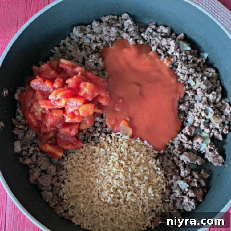 Unstuffed Cabbage Roll Skillet - Adding liquids and rice