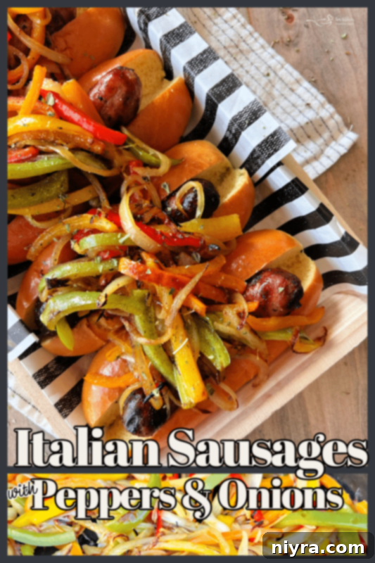 Italian Sausages with Peppers and Onions served in a white bowl with a fork.