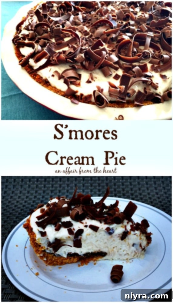 Full S'mores Cream Pie with chocolate curls on top, ready to be served