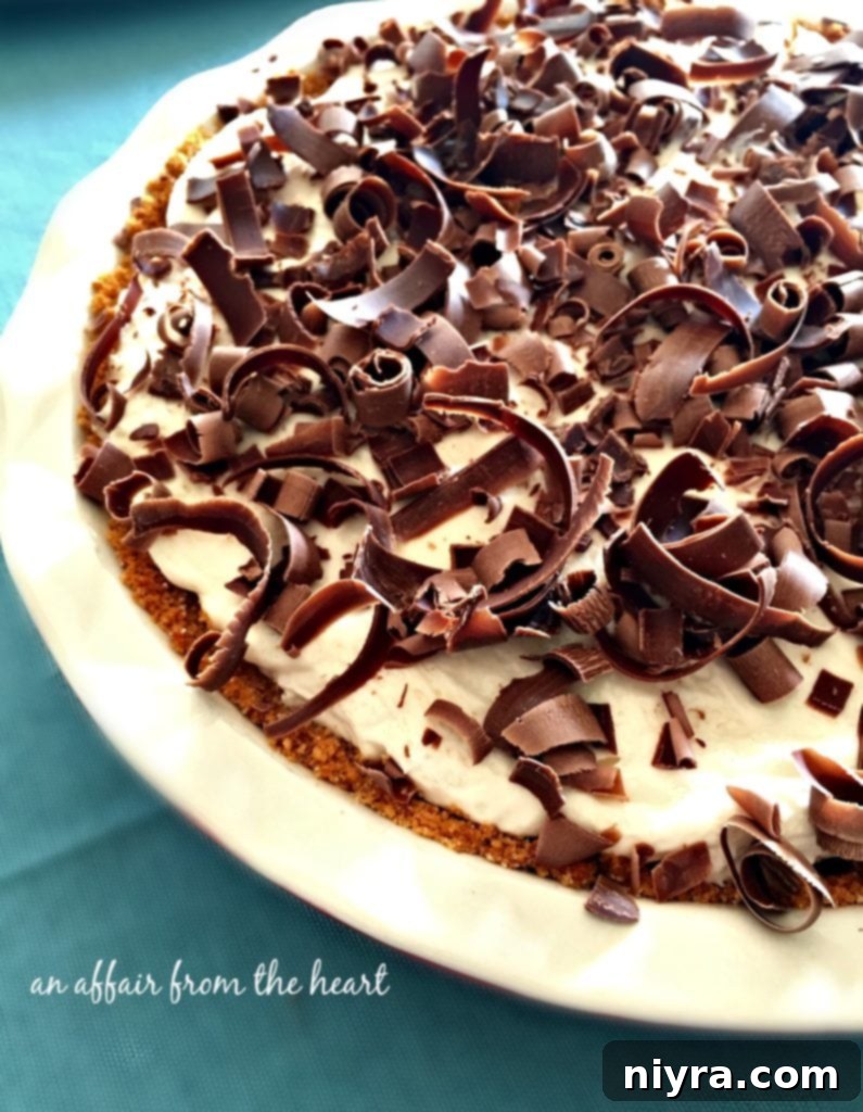 A large slice of S'mores Cream Pie on a serving plate