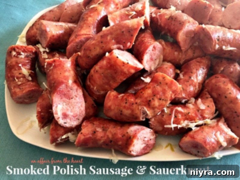 Smoked Polish Sausage and Sauerkraut 3 Smoked Polish Sausage & Sauerkraut on a serving platter