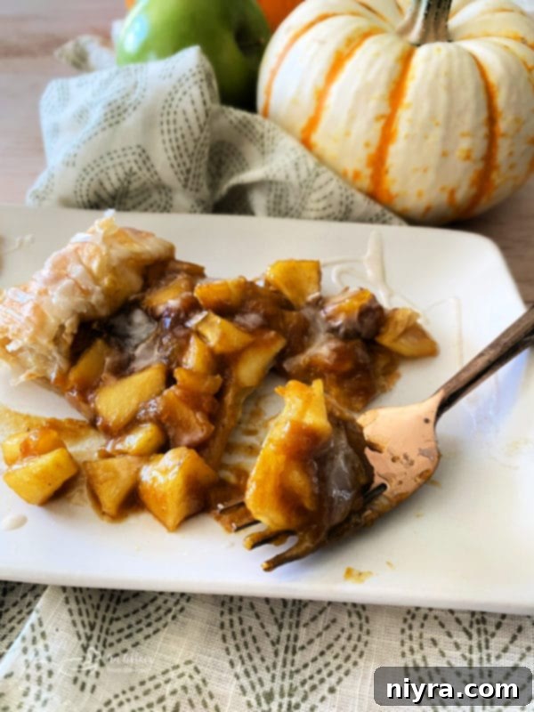 apple pumpkin strudel on white plate with fork 