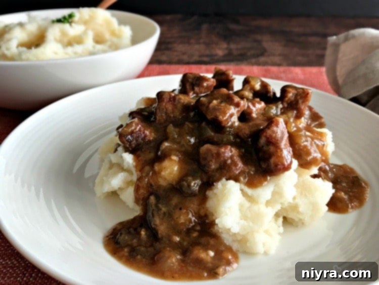 Vertical shot of a plate of Beef Tips & Gravy with mashed potatoes, emphasizing the rich texture.