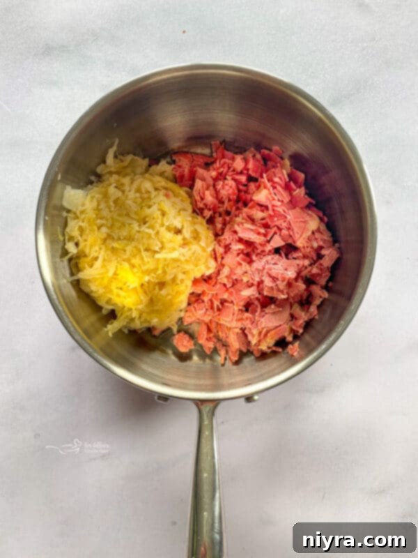 Corned beef and kraut warming in a pan