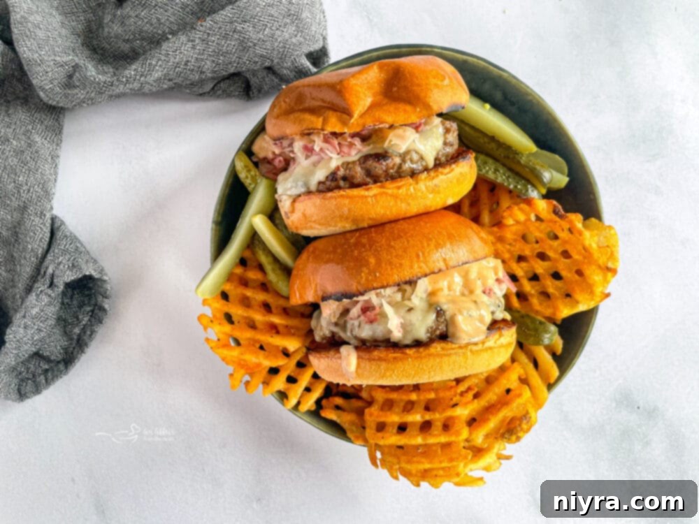 Reuben Cheeseburgers on Plate