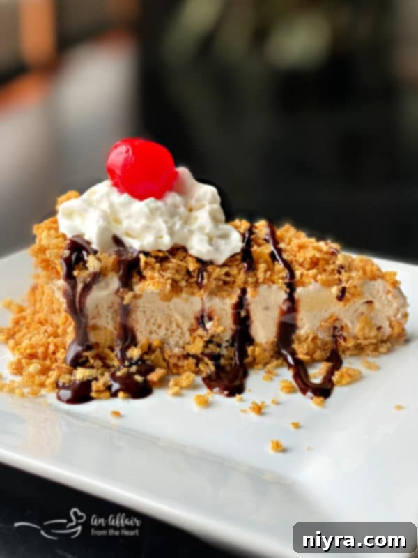 A slice of no-fry fried ice cream pie with chocolate drizzle