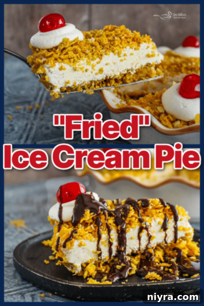 Another view of a sliced fried ice cream pie with garnishes