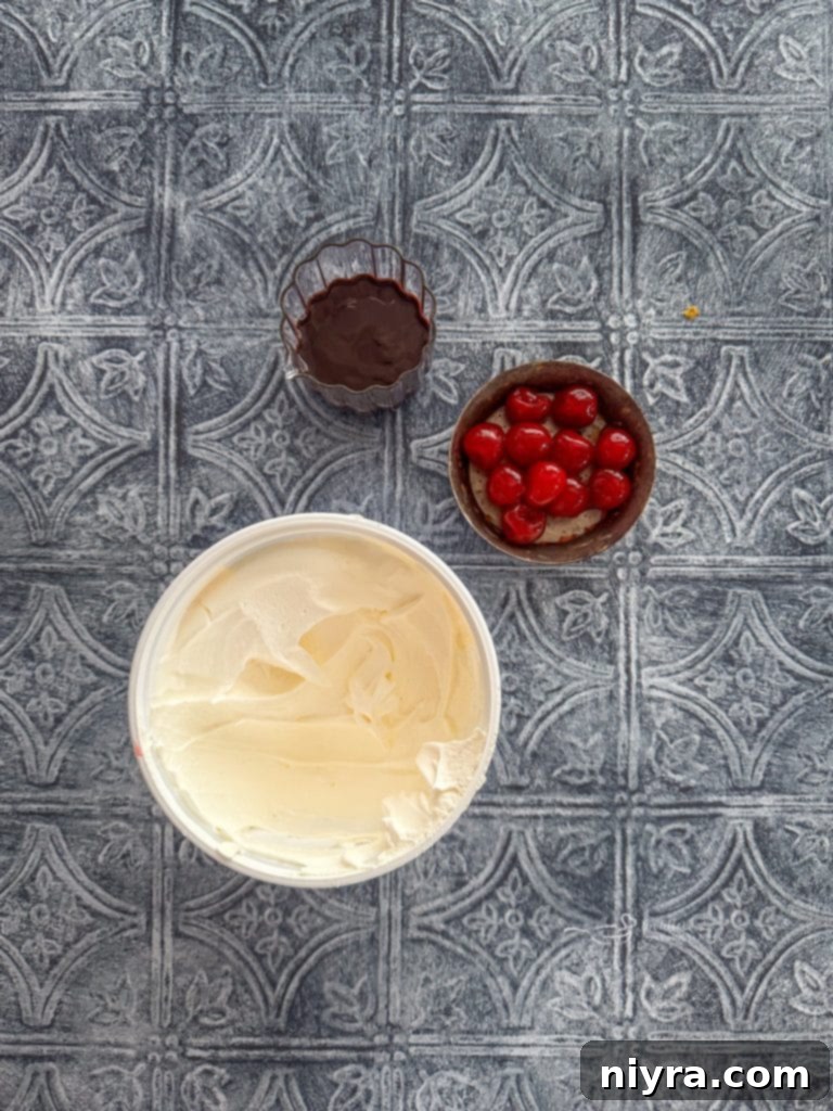 Maraschino cherries, chocolate syrup, and whipped cream for garnish