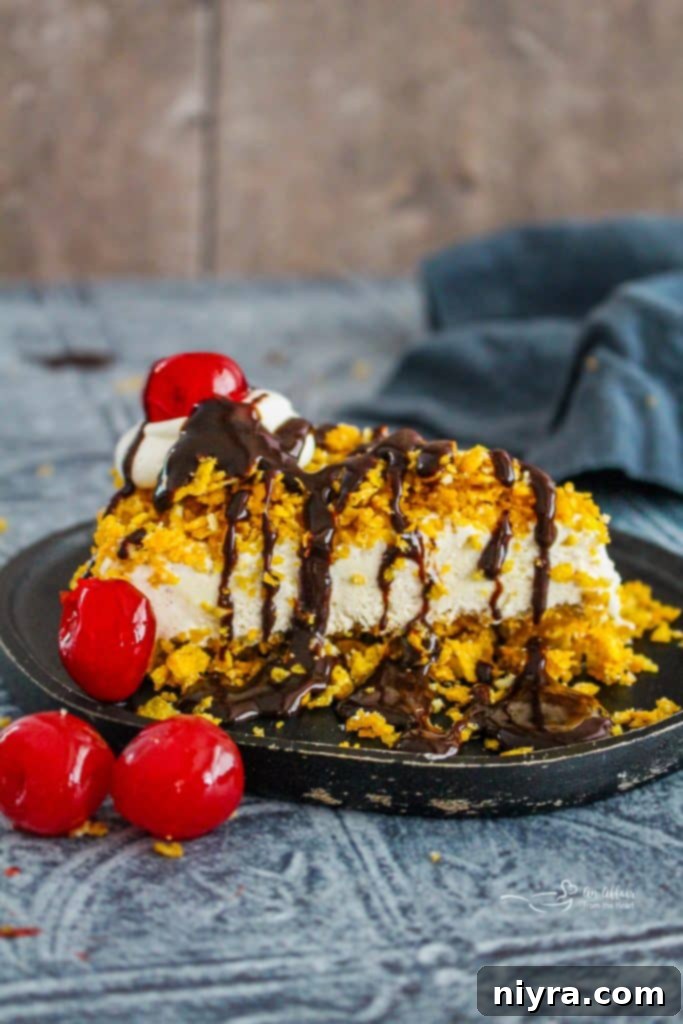 Top view of the finished fried ice cream pie before slicing