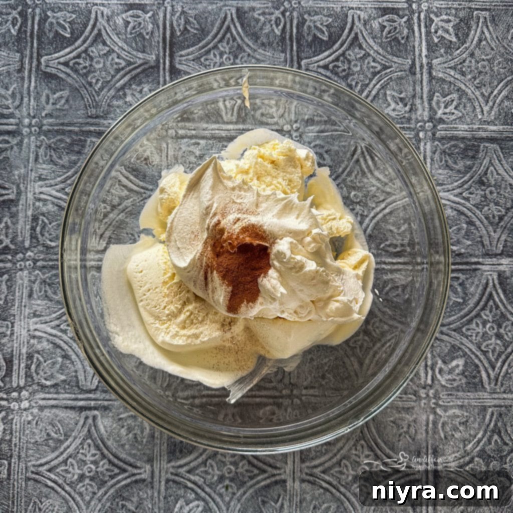 Step 2: Mixing softened ice cream with Cool Whip and cinnamon