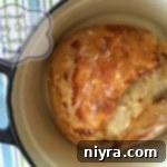 Overhead close up of No Knead Crusty Dutch Oven Bread