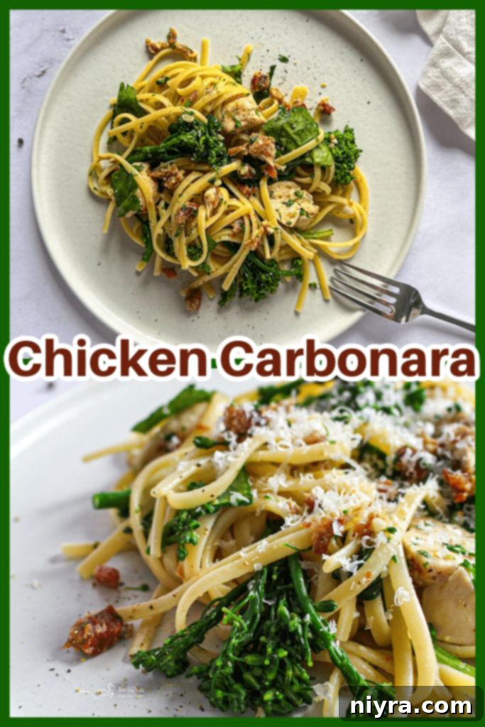 A beautifully composed shot of Chicken Carbonara, highlighting its fresh ingredients and creamy sauce.