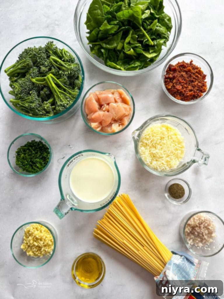 Ingredients for Chicken Carbonara neatly arranged on a cutting board, including chicken, bacon, vegetables, and cheese.
