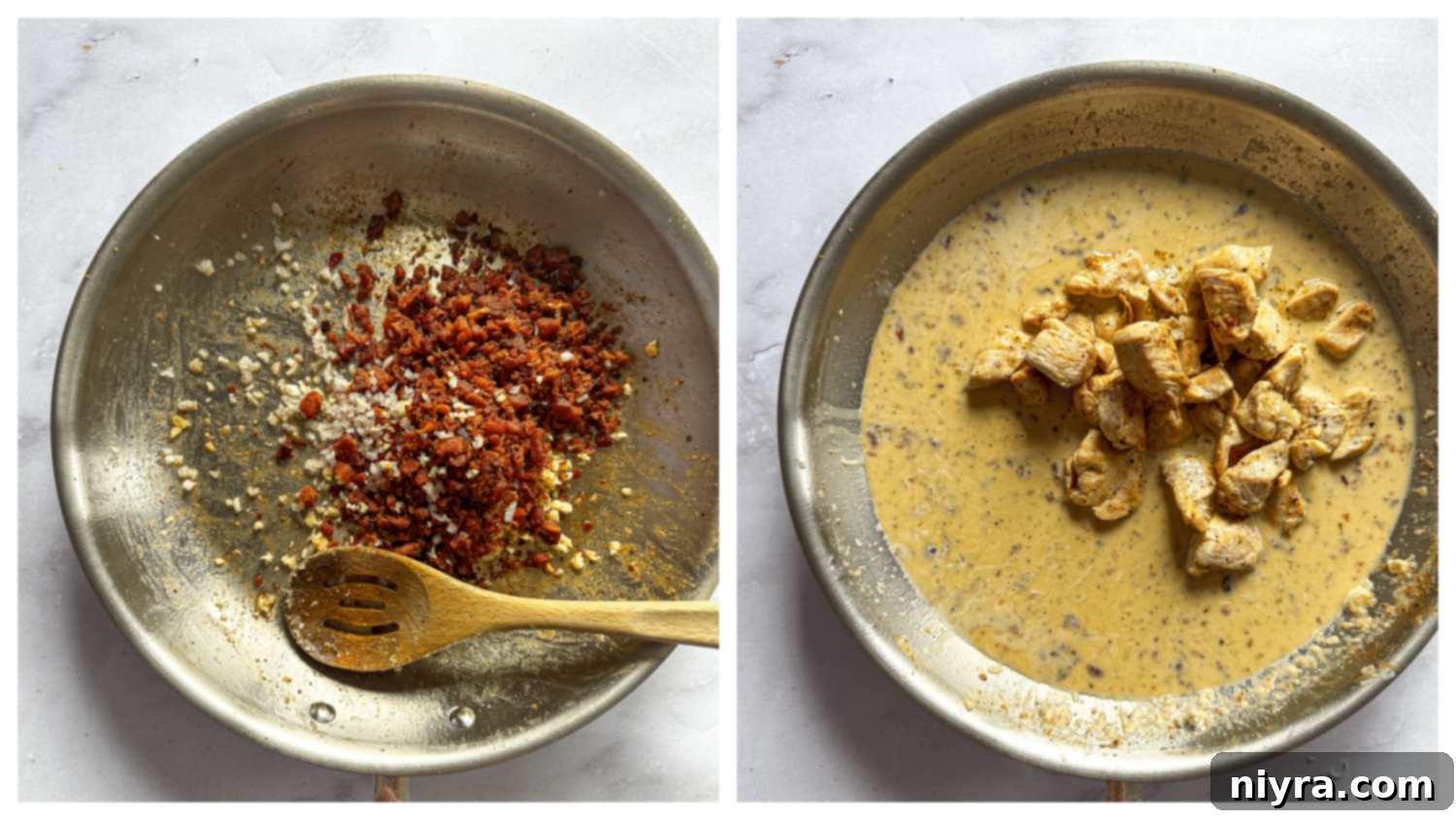 Shallots, garlic, and bacon pieces sizzling in a skillet, releasing their aromatic flavors.